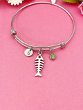 Ichthus Fish Bone Charm Bracelet, Initial, Birthstone, Adjustable Bangle