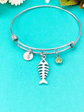 Ichthus Fish Bone Charm Bracelet, Initial, Birthstone, Adjustable Bangle
