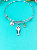 Ichthus Fish Bone Charm Bracelet, Initial, Birthstone, Adjustable Bangle