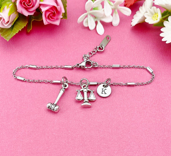 Silver Lawyer Bracelet Justice Scale Gavel Charm, Libra Charm, Lawyer Gift, Attorney Gift, Law School Graduate Graduation Gift, BN1531