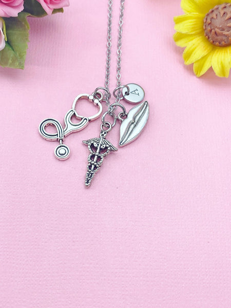 Caduceus Stethoscope Lips Mouth Silver Charm Necklace, Otolaryngologist ENT Specialist Gift, N6398M