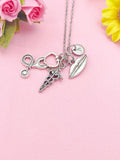 Caduceus Stethoscope Lips Mouth Silver Charm Necklace, Otolaryngologist ENT Specialist Gift, N6398M