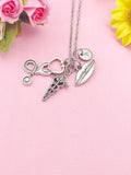 Caduceus Stethoscope Lips Mouth Silver Charm Necklace, Otolaryngologist ENT Specialist Gift, N6398M