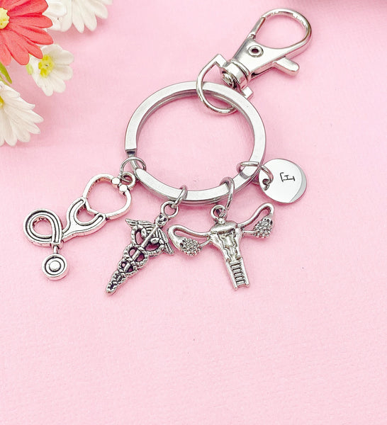 Anatomical Uterus Caduceus Stethoscope Charm Keychain or Necklace in Silver, Gifts for Obstetricians Gynecologist OB-GYN Specialist, N6400