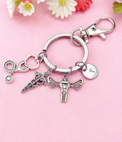 Anatomical Uterus Caduceus Stethoscope Charm Keychain or Necklace in Silver, Gifts for Obstetricians Gynecologist OB-GYN Specialist, N6400
