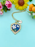 Blue Heart Flower Pearl Charm Necklace, N6505B