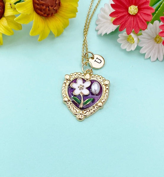Violet Heart Flower Pearl Charm Necklace, N6505V