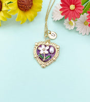 Violet Heart Flower Pearl Charm Necklace, N6505V