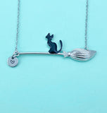Black Cat on Witches Broom Charm Necklace – Halloween Jewelry Gift for Witch Lovers, Cat Fans & Magical Souls, N5997S