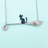 Black Cat on Witches Broom Charm Necklace – Halloween Jewelry Gift for Witch Lovers, Cat Fans & Magical Souls, N5997S