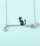 Black Cat on Witches Broom Charm Necklace – Halloween Jewelry Gift for Witch Lovers, Cat Fans & Magical Souls, N5997S