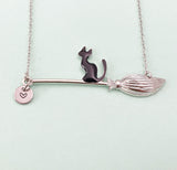 Black Cat on Witches Broom Charm Necklace – Halloween Jewelry Gift for Witch Lovers, Cat Fans & Magical Souls, N5997S