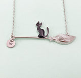 Black Cat on Witches Broom Charm Necklace – Halloween Jewelry Gift for Witch Lovers, Cat Fans & Magical Souls, N5997S