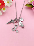 Caduceus Stethoscope Hand Palm Necklace, Doctor Nurse Necklace, Hand Palm Medical Charm, N6404