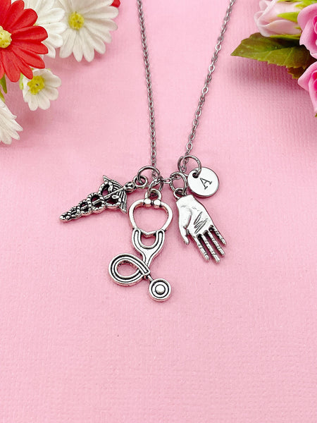 Caduceus Stethoscope Hand Palm Necklace, Doctor Nurse Necklace, Hand Palm Medical Charm, N6404