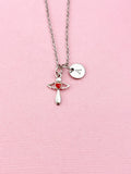 Cross Red Heart Charm Silver Necklace, Cross Jewelry Gifts, N6540