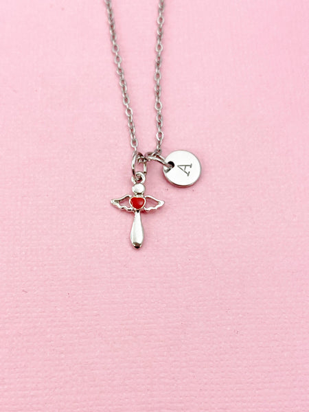 Cross Red Heart Charm Silver Necklace, Cross Jewelry Gifts, N6540