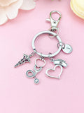 Heart with Nurse Cap Caduceus Stethoscope Keychain, N6430