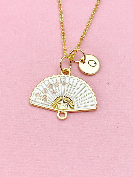 Folding Hand Fan Charm Gold Necklace, White Fan Jewelry, N6558