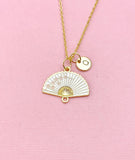 Folding Hand Fan Charm Gold Necklace, White Fan Jewelry, N6558