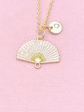 Folding Hand Fan Charm Gold Necklace, Pink Fan Jewelry, N6559