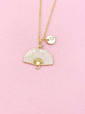 Folding Hand Fan Charm Gold Necklace, Pink Fan Jewelry, N6559