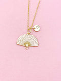Folding Hand Fan Charm Gold Necklace, Pink Fan Jewelry, N6559