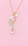 Lily Flower Shell Pearl Charm Gold Necklace, Pink Lilium Lilies Floral Jewelry, N6560
