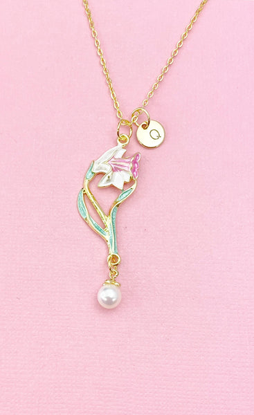 Lily Flower Shell Pearl Charm Gold Necklace, Pink Lilium Lilies Floral Jewelry, N6560