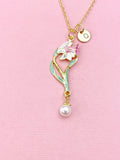 Lily Flower Shell Pearl Charm Gold Necklace, Pink Lilium Lilies Floral Jewelry, N6560