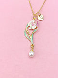 Lily Flower Shell Pearl Charm Gold Necklace, Pink Lilium Lilies Floral Jewelry, N6560