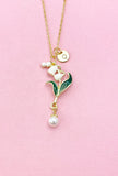 Lily of Vally Flower Shell Pearl Charm Gold Necklace, Lilium Lilies Floral Jewelry, N6561