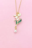 Lily of Valley Flower Shell Pearl Charm Gold Necklace, Lilium Lilies Floral Jewelry, N6561