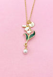 Lily of Valley Flower Shell Pearl Charm Gold Necklace, Lilium Lilies Floral Jewelry, N6561