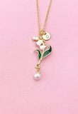 Lily of Vally Flower Shell Pearl Charm Gold Necklace, Lilium Lilies Floral Jewelry, N6561