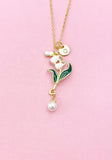 Lily of Valley Flower Shell Pearl Charm Gold Necklace, Lilium Lilies Floral Jewelry, N6561