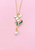 Lily of Valley Flower Shell Pearl Charm Gold Necklace, Lilium Lilies Floral Jewelry, N6561