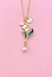Lily of Vally Flower Shell Pearl Charm Gold Necklace, Lilium Lilies Floral Jewelry, N6561