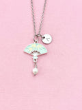 Folding Chinese Fan Shell Pearl Charm Gold Necklace, N6561