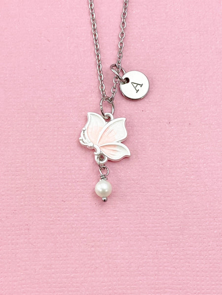 Butterfly Shell Pearl Charm Necklace, Pink, N6563