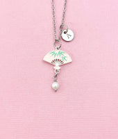 Folding Chinese Fan Shell Pearl Charm Necklace, Pink, N6566