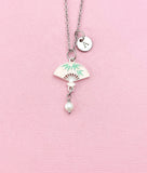 Folding Chinese Fan Shell Pearl Charm Necklace, Pink, N6566