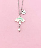 Folding Chinese Fan Shell Pearl Charm Gold Necklace, Pink, N6566