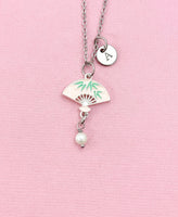 Folding Chinese Fan Shell Pearl Charm Necklace, Pink, N6566