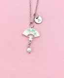 Folding Chinese Fan Shell Pearl Charm Necklace, Pink, N6566