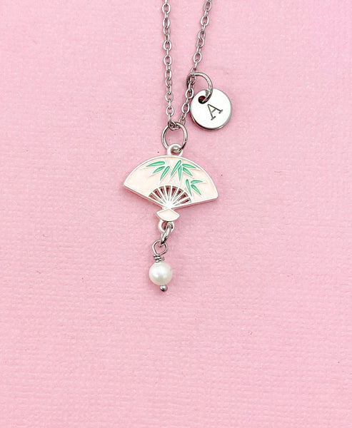Folding Chinese Fan Shell Pearl Charm Necklace, Pink, N6566