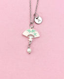 Folding Chinese Fan Shell Pearl Charm Gold Necklace, Pink, N6566