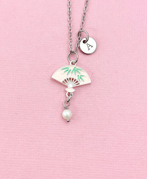 Folding Chinese Fan Shell Pearl Charm Gold Necklace, Pink, N6566