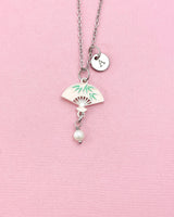 Folding Chinese Fan Shell Pearl Charm Necklace, Pink, N6566