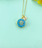 Gold Sun Enamel Locket Pendant Necklace, Keepsake Photo Frame Jewelry, N6587